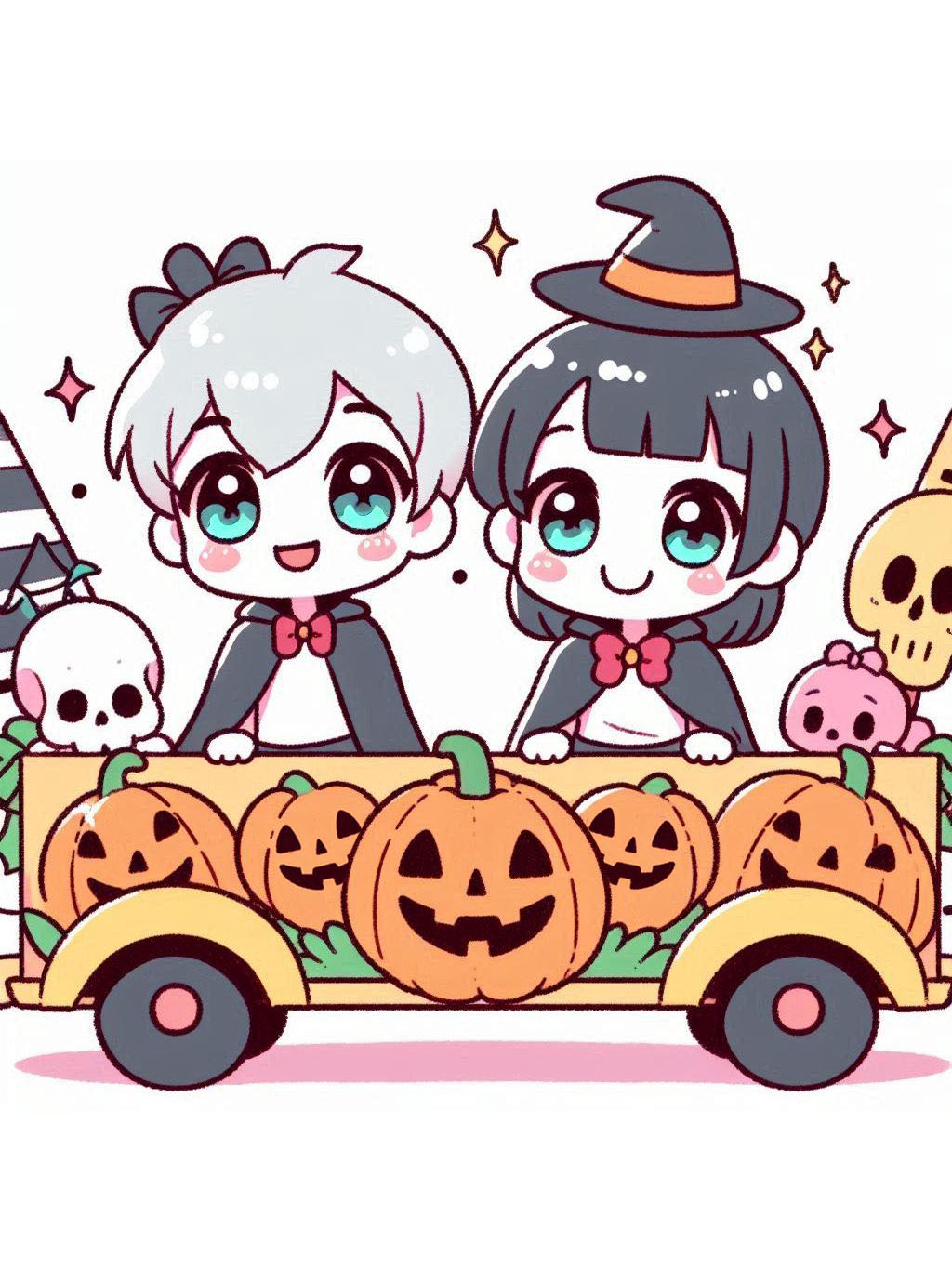 cute halloween drawings for kids 2: A Halloween-themed drawing featuring two characters in a parade float decorated with pumpkins and skulls.